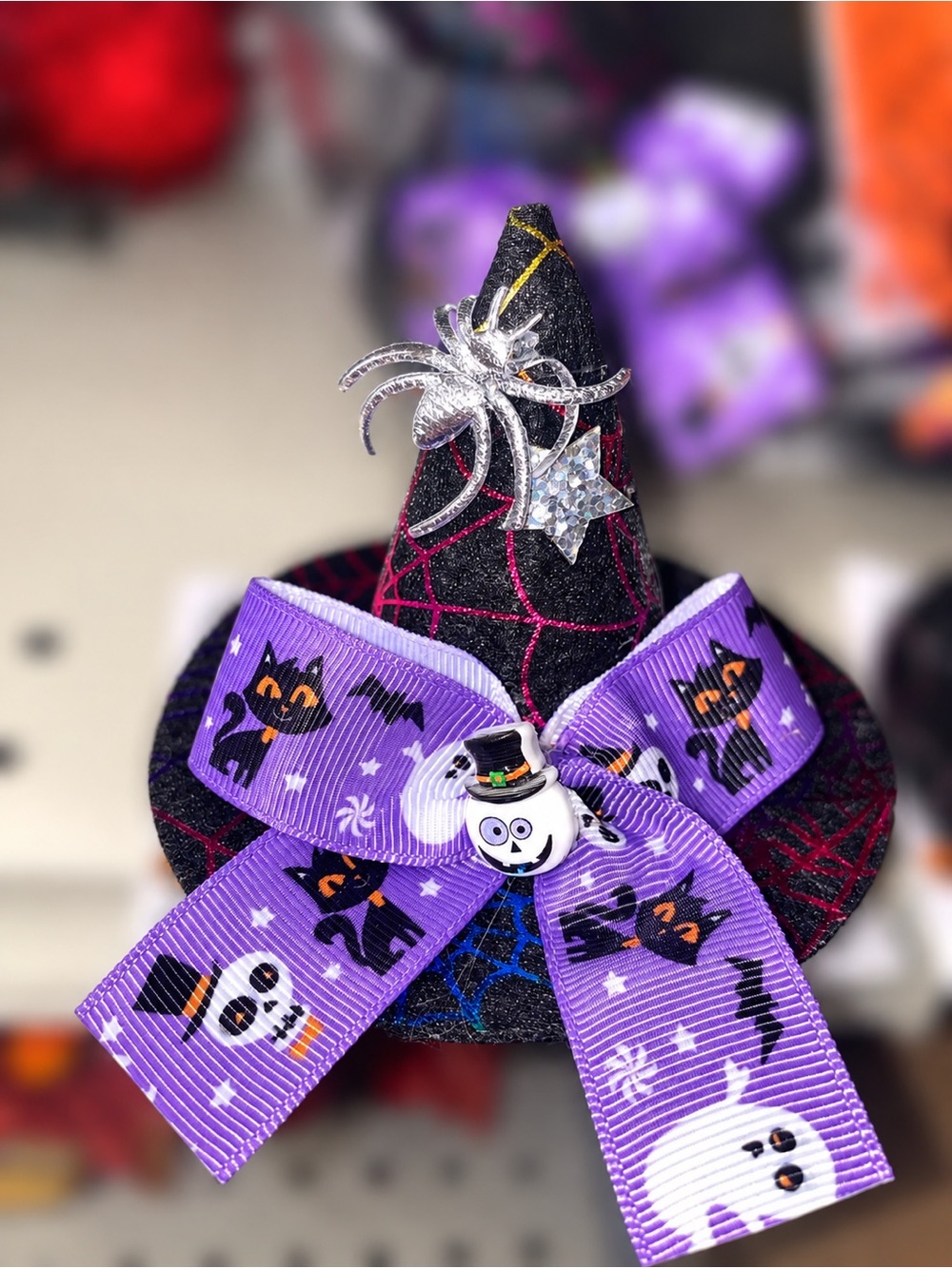 Mini Halloween Witch Hat Hair Clip with Purple Ribbon Bow